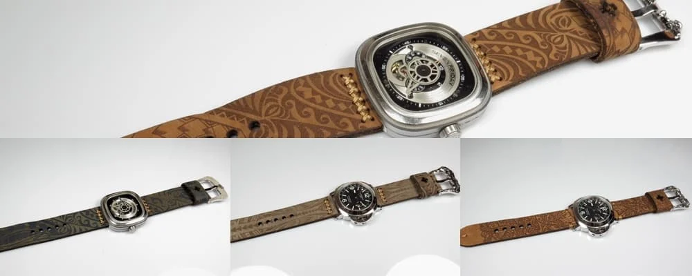 Engraved handmade strap fitted to a mechanical watch