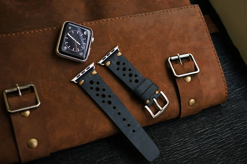 AWBF24 -D123 GOLD -handgefertigt Vintage Leder Uhrenarmband incl. Lugs Adapter für Apple Watch 1 und 2 (oder Apple Watch Sport) 42mm oder 38mm