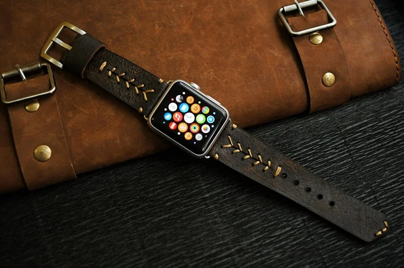 AWBF89-D2-GOLD handgefertigt Vintage Leder Uhrenarmband incl. Lugs Adapter für Apple Watch 1 und 2 (oder Apple Watch Sport) 42mm oder 38mm