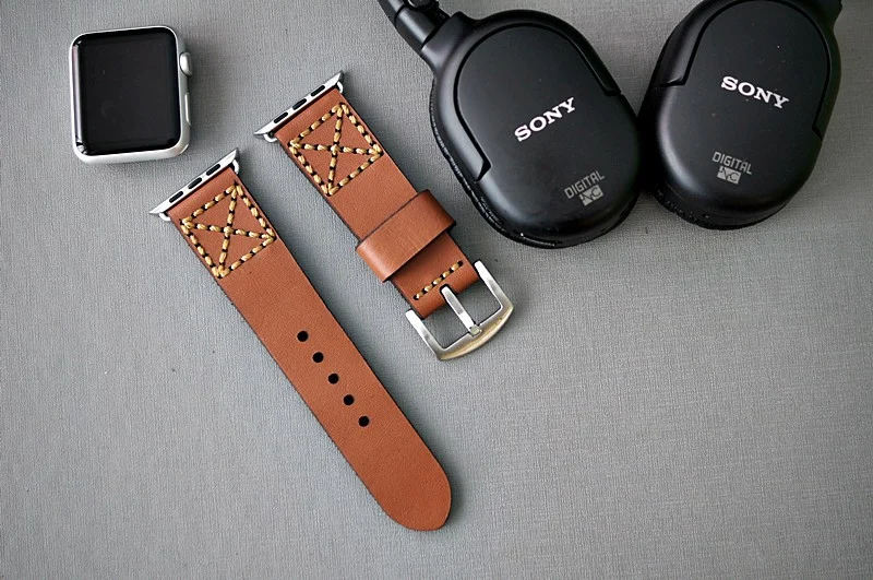 AWBF14-D60-GOLD handgefertigt Vintage Leder Uhrenarmband incl. Lugs Adapter für Apple Watch 1 und 2 (oder Apple Watch Sport) 42mm oder 38mm