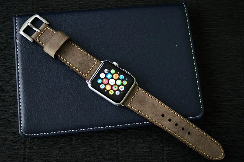 AWBF04- D3-1K-GOLD handgefertigt Vintage Leder Uhrenarmband incl. Lugs Adapter für Apple Watch 1 und 2 (oder Apple Watch Sport) 42mm oder 38mm