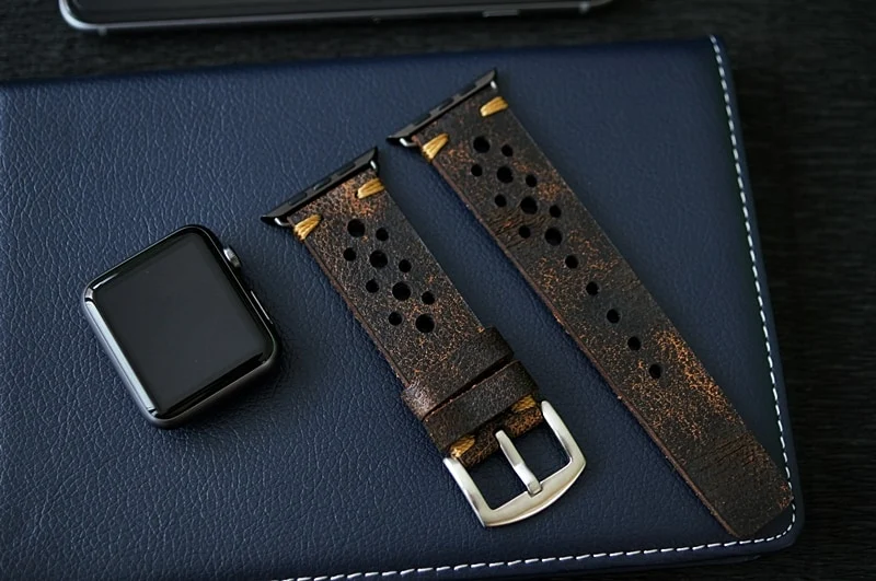 AWBF24-D2 GOLD handgefertigt Vintage Leder Uhrenarmband incl. Lugs Adapter für Apple Watch 1 und 2 (oder Apple Watch Sport) 42mm oder 38mm