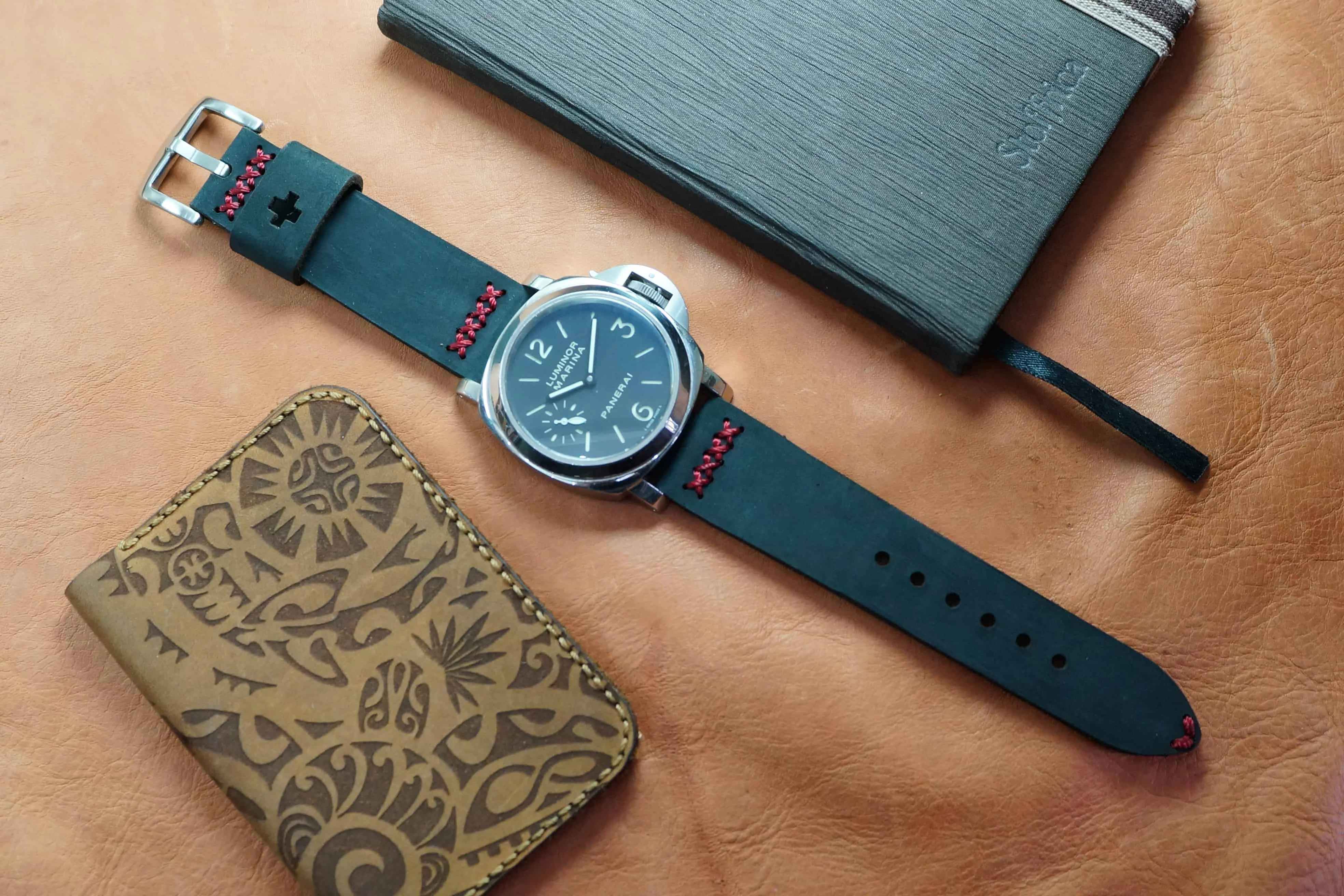 Teal handmade leather strap on a Panerai watch