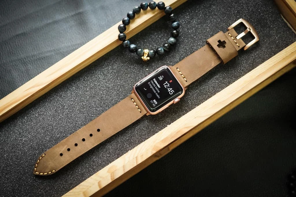 AWBF03-D48 Gold handgefertigt Vintage Leder Uhrenarmband incl. Lugs Adapter für Apple Watch 1 Serie und 2 Serie (oder Apple Watch Sport) 42mm oder 38mm