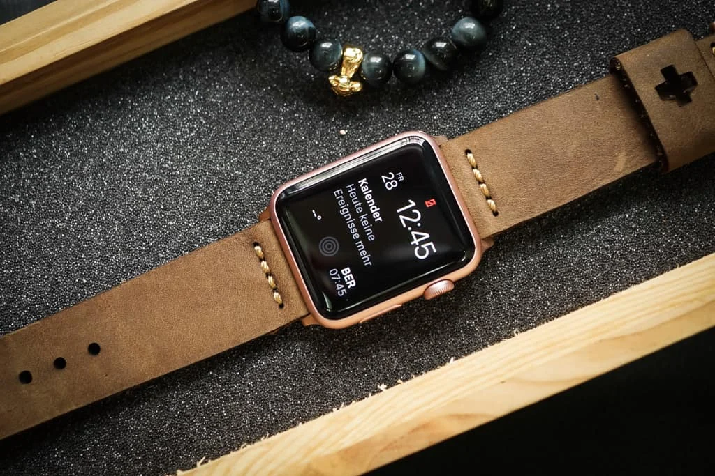 AWBF03-D48 Gold handgefertigt Vintage Leder Uhrenarmband incl. Lugs Adapter für Apple Watch 1 Serie und 2 Serie (oder Apple Watch Sport) 42mm oder 38mm – Bild 2