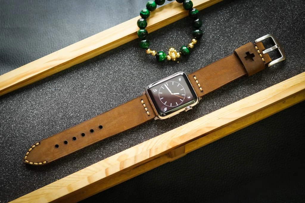 AWBF03-D5 Gold handgefertigt Vintage Leder Uhrenarmband incl. Lugs Adapter für Apple Watch 1 Serie und 2 Serie (oder Apple Watch Sport) 42mm oder 38mm