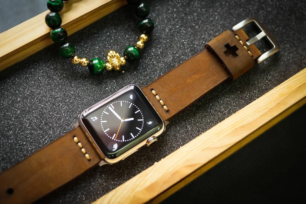 AWBF03-D5 Gold handgefertigt Vintage Leder Uhrenarmband incl. Lugs Adapter für Apple Watch 1 Serie und 2 Serie (oder Apple Watch Sport) 42mm oder 38mm – Bild 2