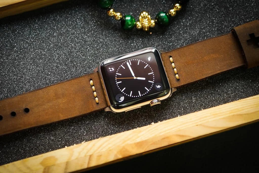 AWBF03-D5 Gold handgefertigt Vintage Leder Uhrenarmband incl. Lugs Adapter für Apple Watch 1 Serie und 2 Serie (oder Apple Watch Sport) 42mm oder 38mm – Bild 3