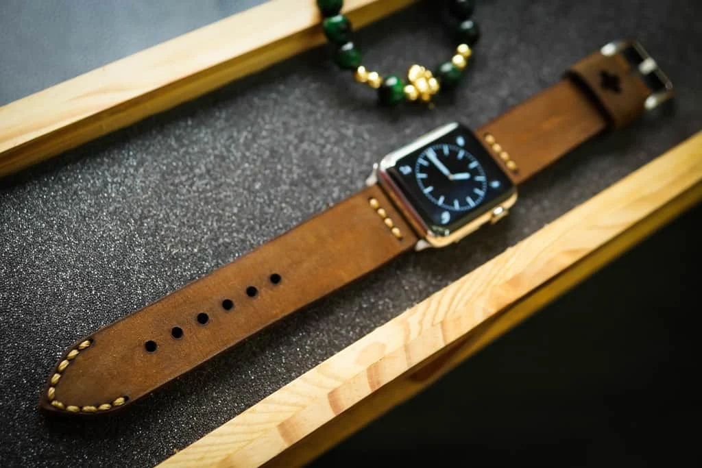 AWBF03-D5 Gold handgefertigt Vintage Leder Uhrenarmband incl. Lugs Adapter für Apple Watch 1 Serie und 2 Serie (oder Apple Watch Sport) 42mm oder 38mm – Bild 4