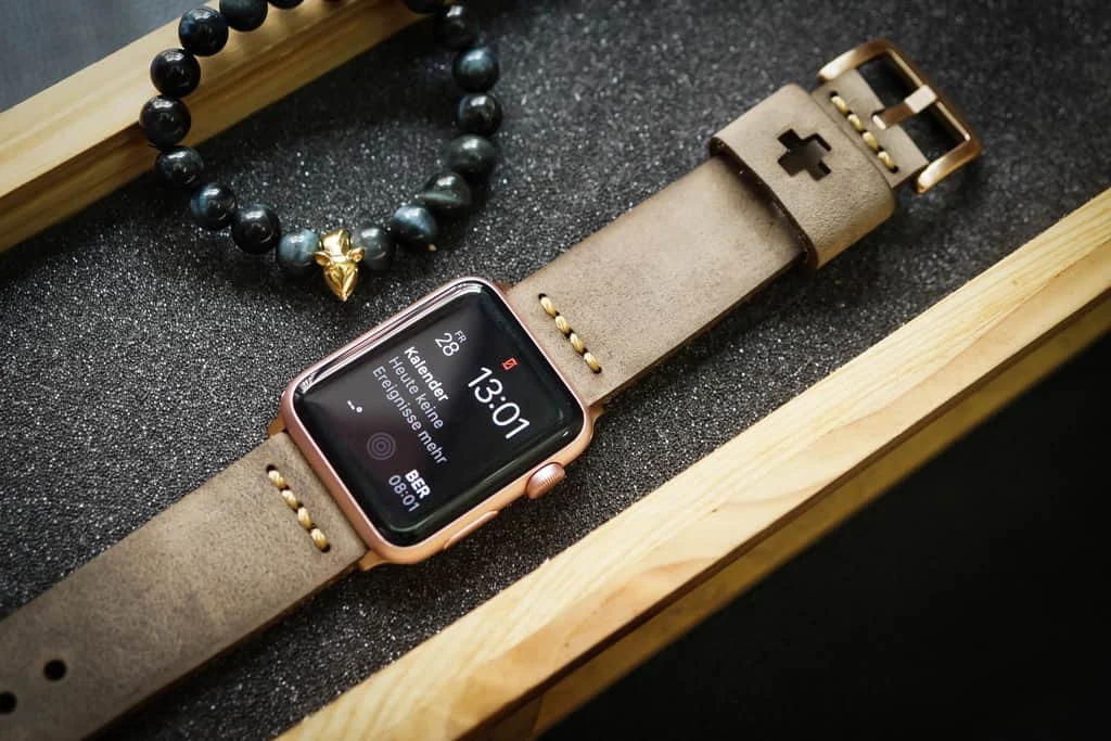 AWBF03-D3 Gold handgefertigt Vintage Leder Uhrenarmband incl. Lugs Adapter für Apple Watch 1 Serie und 2 Serie (oder Apple Watch Sport) 42mm oder 38mm – Bild 2