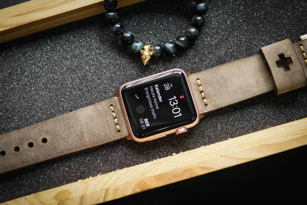 AWBF03-D3 Gold handgefertigt Vintage Leder Uhrenarmband incl. Lugs Adapter für Apple Watch 1 Serie und 2 Serie (oder Apple Watch Sport) 42mm oder 38mm – Bild 4