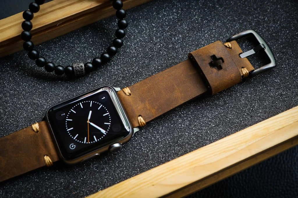 AWBF015-D5 Gold handgefertigt Vintage Leder Uhrenarmband incl. Lugs Adapter für Apple Watch 1 Serie und 2 Serie (oder Apple Watch Sport) 42mm oder 38mm – Bild 2