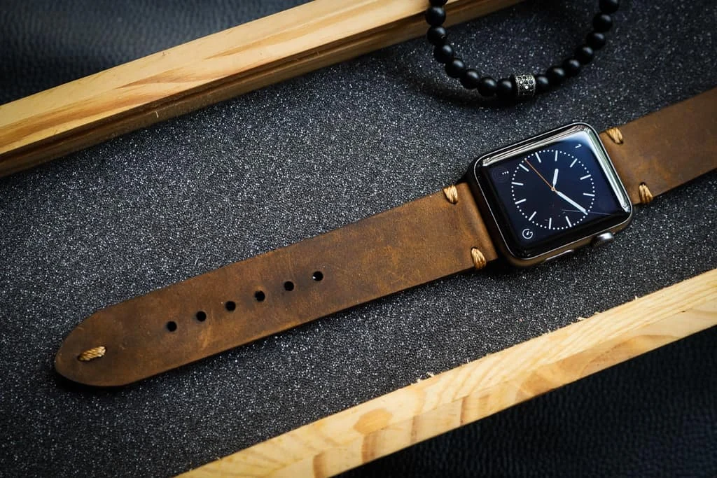 AWBF015-D5 Gold handgefertigt Vintage Leder Uhrenarmband incl. Lugs Adapter für Apple Watch 1 Serie und 2 Serie (oder Apple Watch Sport) 42mm oder 38mm – Bild 4