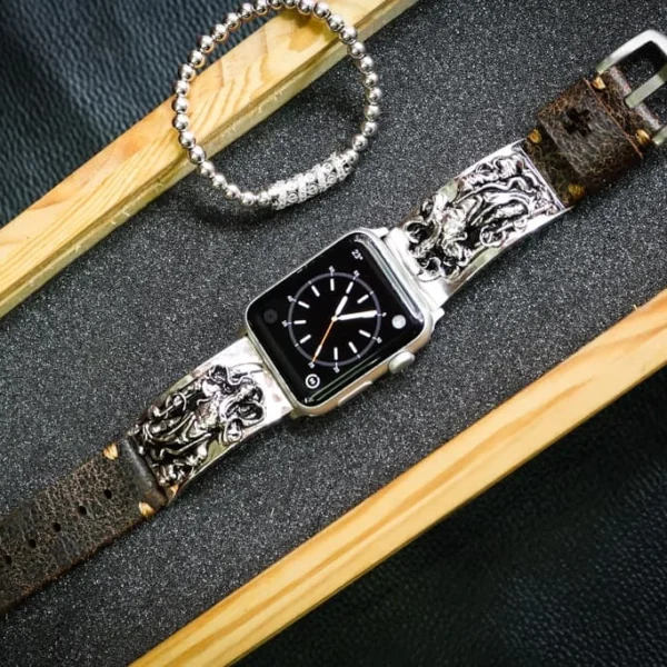 Guan Yu Silver Plated Pendants Apple Watch Strap Band for Series 123456 SE , 38/40mm or 42/44mm , Panerai, Seiko , Rolex