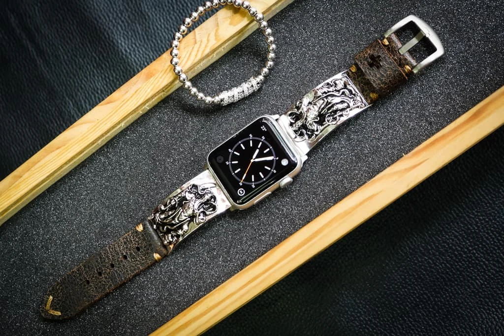 Guan Yu Silver Plated Pendants Apple Watch Strap Band for Series 123456 SE , 38/40mm or 42/44mm , Panerai, Seiko , Rolex