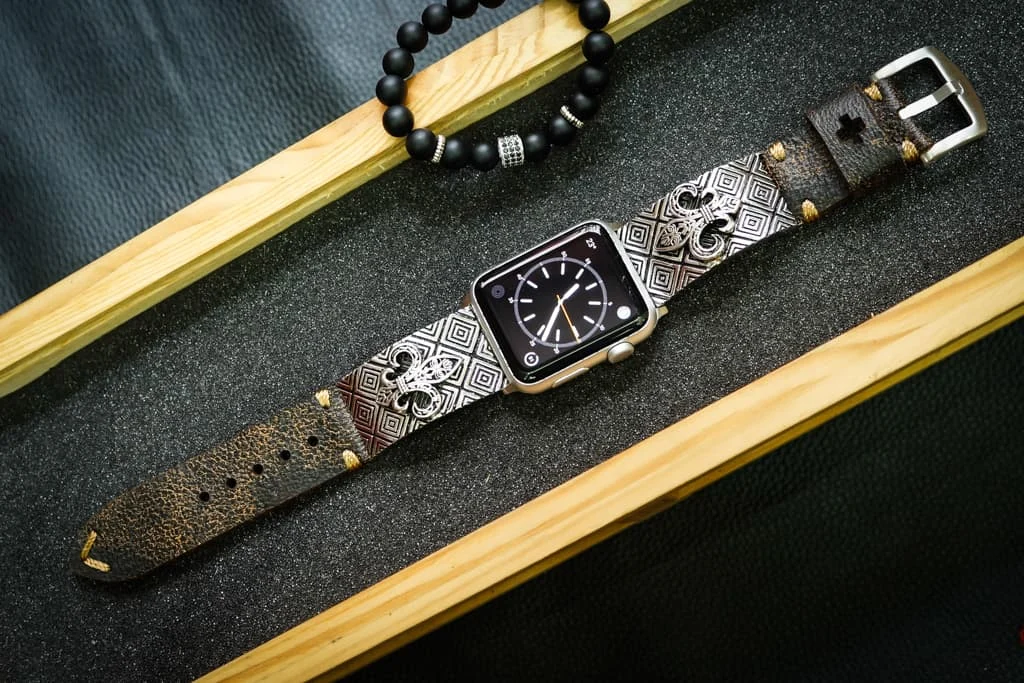 Fleur de Lis 2nd Silver Plated Pendants Apple Watch Strap Band for Series 123456 SE , 38mm or 42mm , Panerai, Seiko , Rolex