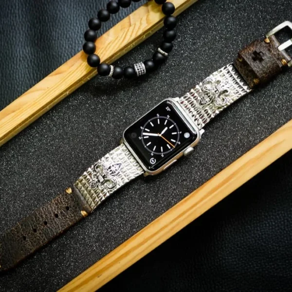 Fleur de Lis 3nd Silver Plated Edition Apple Watch Strap Band for Series 123456 SE , 38mm or 42mm , Panerai, Seiko , Rolex
