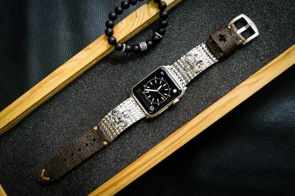 Fleur de Lis 3nd Silver Plated Edition Apple Watch Strap Band for Series 123456 SE , 38mm or 42mm , Panerai, Seiko , Rolex