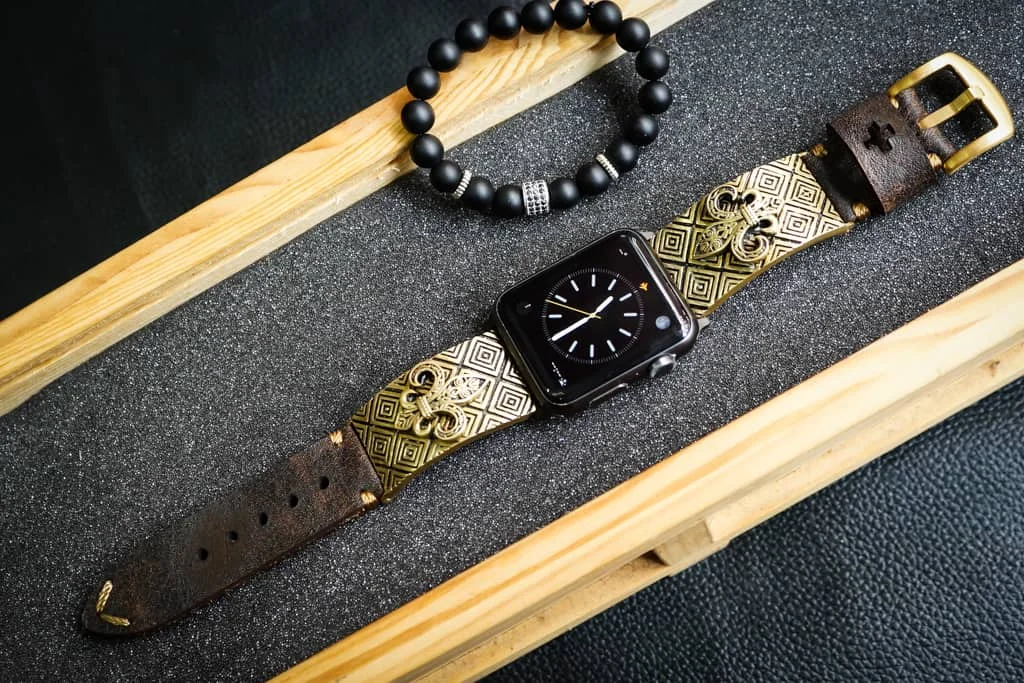 Fleur de Lis 2nd Yellow Bronze Pendants Apple Watch Strap Band for Series 123456 SE , 38mm or 42mm , Panerai, Seiko , Rolex