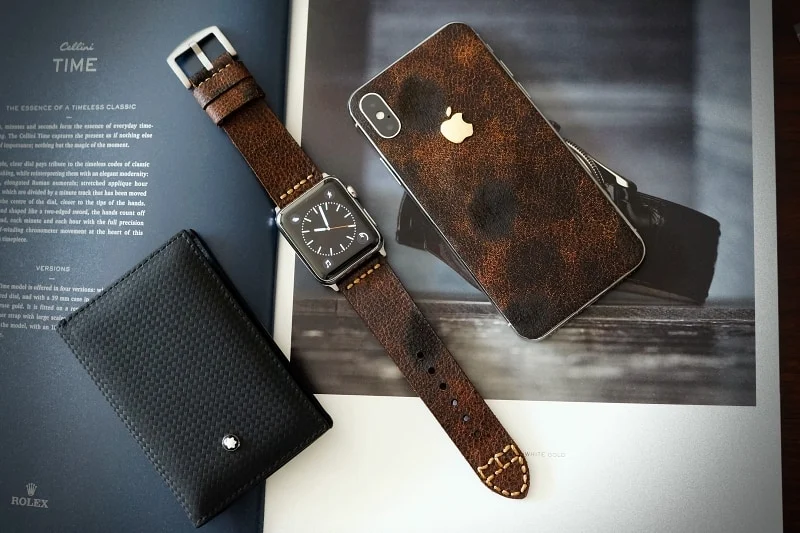Aufkleber aus echtem Kalbsleder für iPhone X Nr2, kompatibel mit iPhone 8/7/6/5 Plus, inkl. Apple-Logo aus Sterlingsilber 925