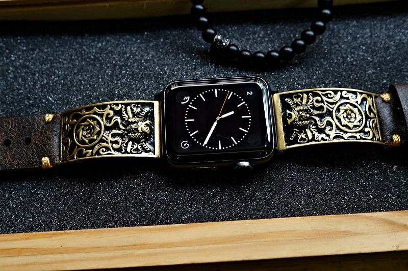 Samurai gelbe Bronze Anhänger Apple-Watch-Armband ( 2-teilig) für Panerai oder Apple Watch Serie 1,2,3,4,5,6,7,SE – Bild 3