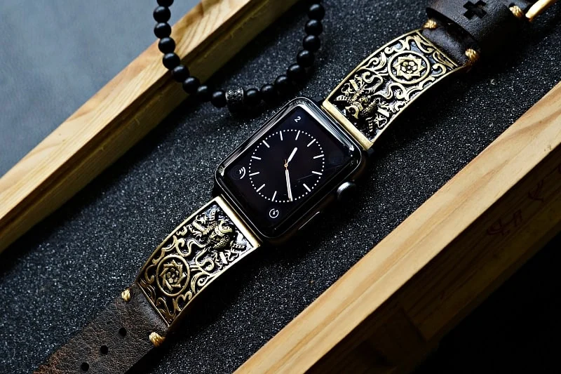 Samurai gelbe Bronze Anhänger Apple-Watch-Armband ( 2-teilig) für Panerai oder Apple Watch Serie 1,2,3,4,5,6,7,SE – Bild 4