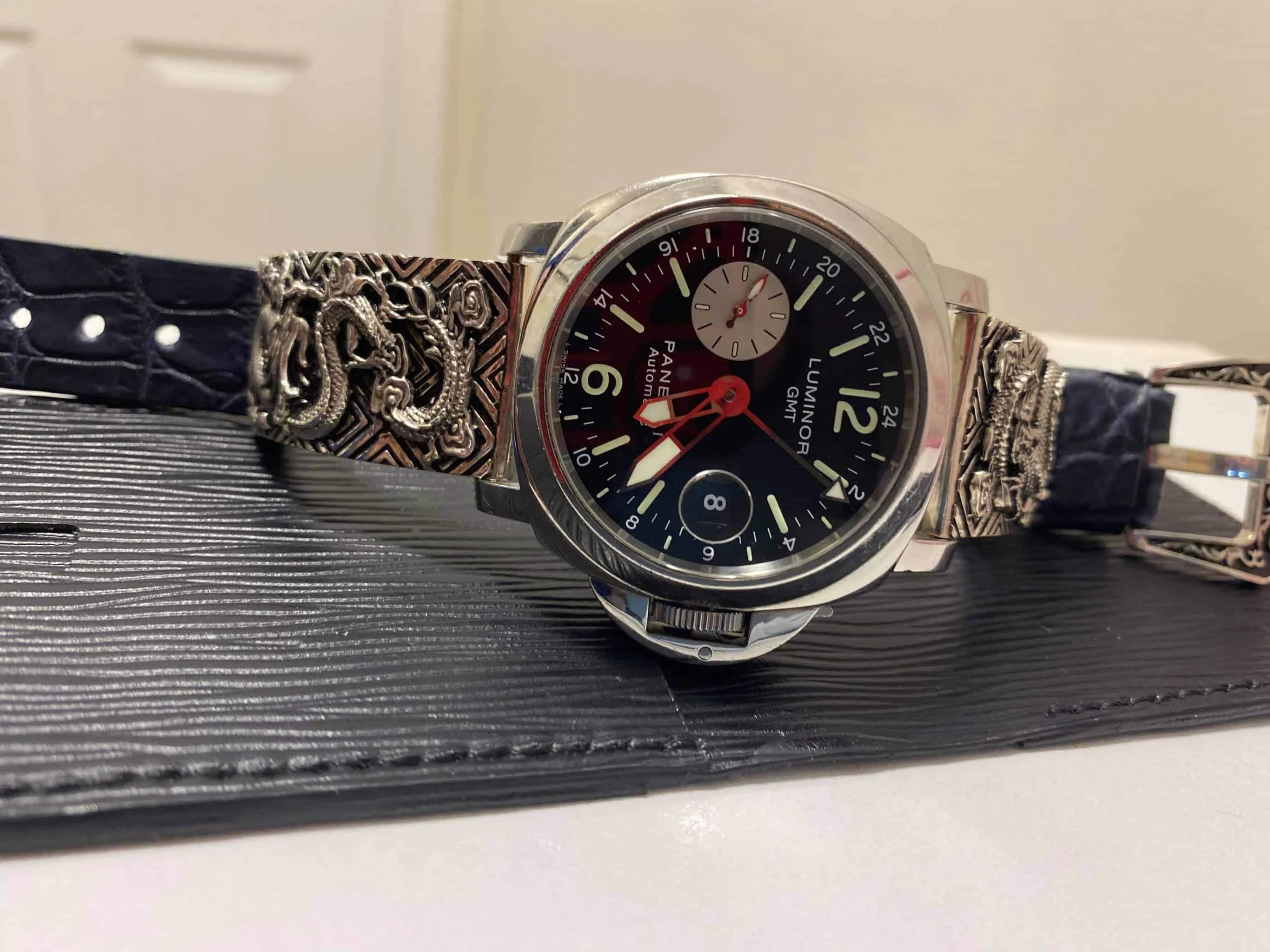 Sterling silver dragon hardware on a Panerai watch